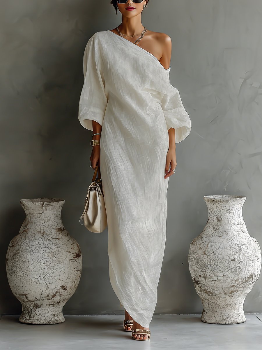Dames Linnen One-Shoulder Maxi Jurk - Ivory White