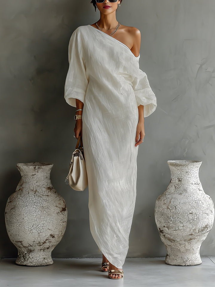 Dames Linnen One-Shoulder Maxi Jurk - Ivory White