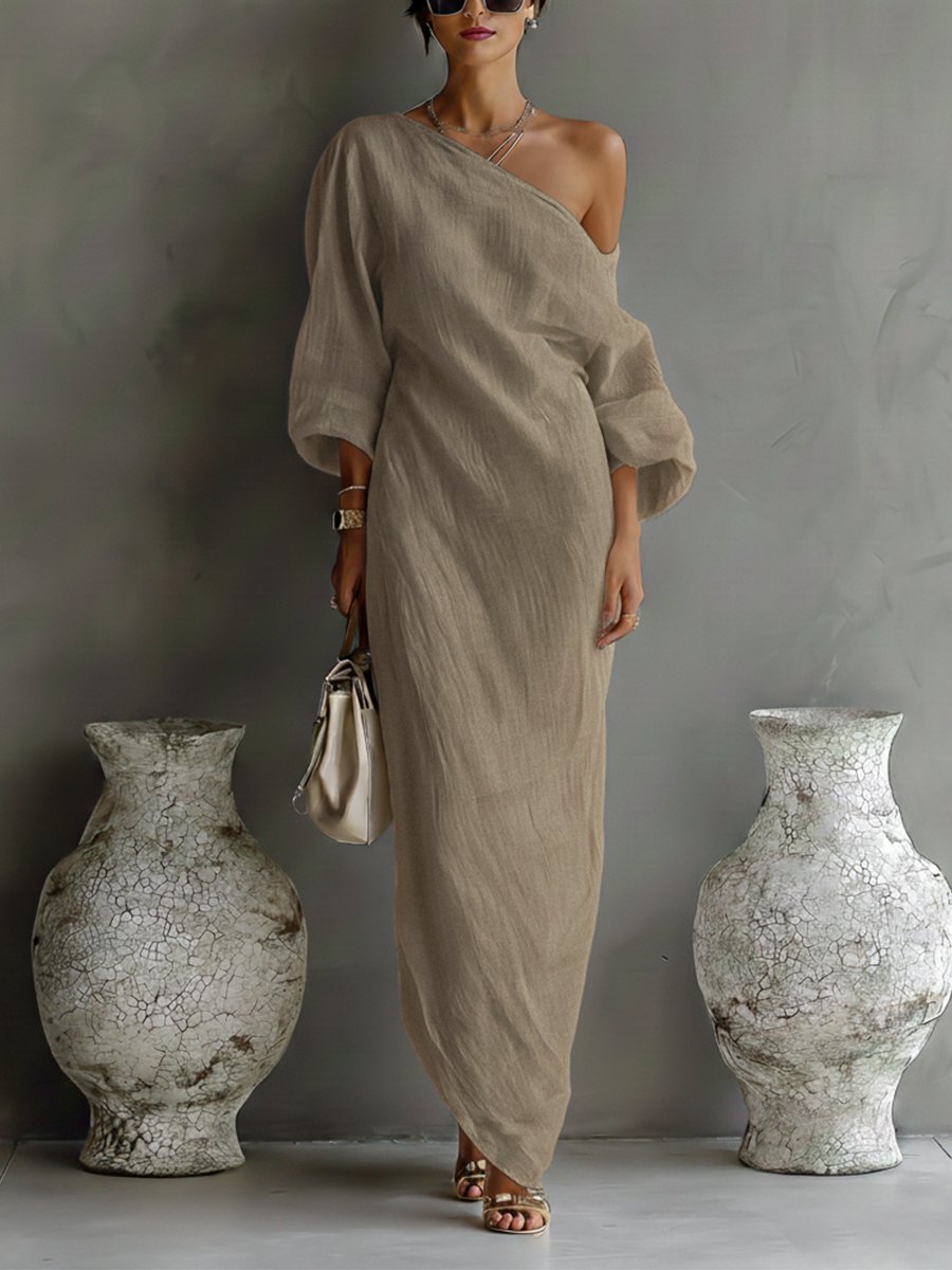 Dames Linnen One-Shoulder Maxi Jurk - Khaki