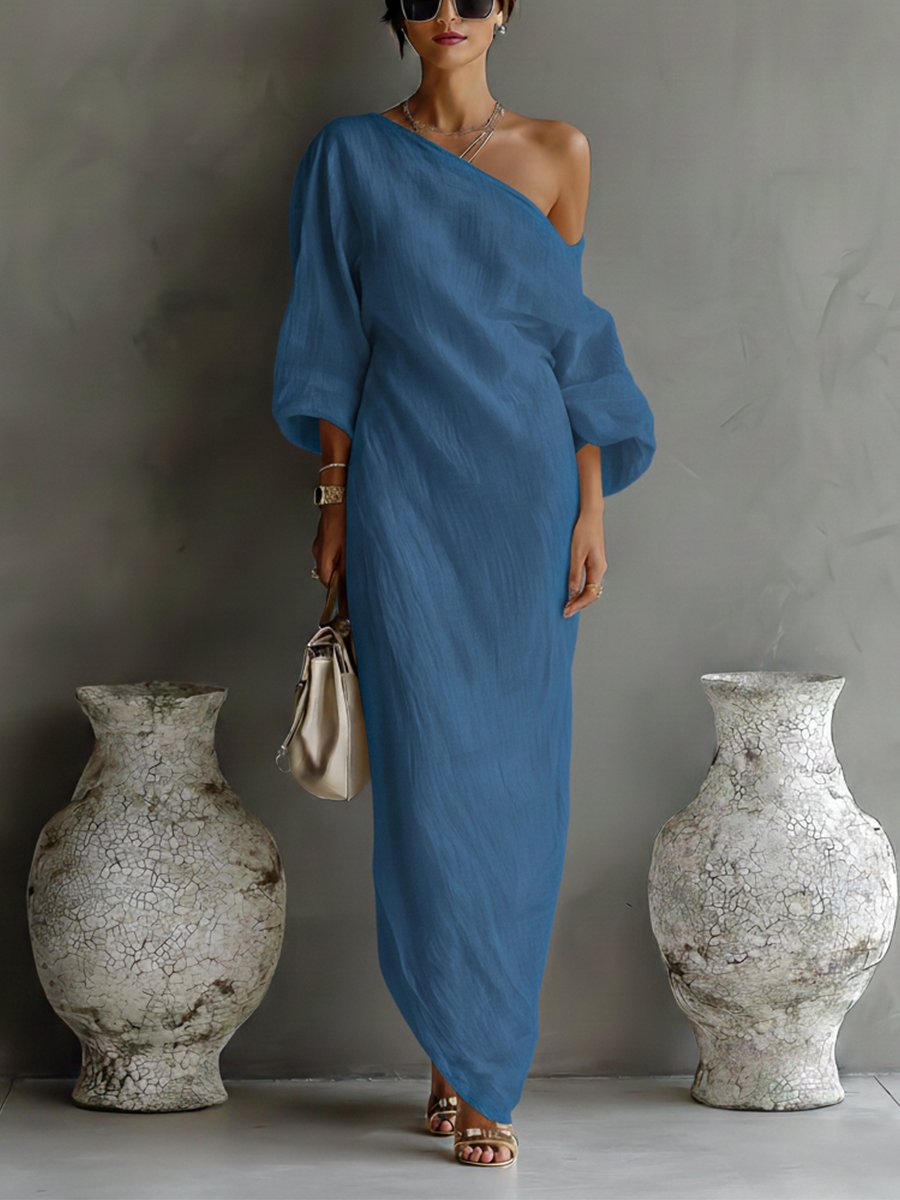 Dames Linnen One-Shoulder Maxi Jurk - Blue