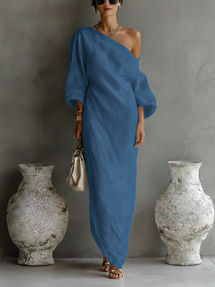 Dames Linnen One-Shoulder Maxi Jurk - Blue