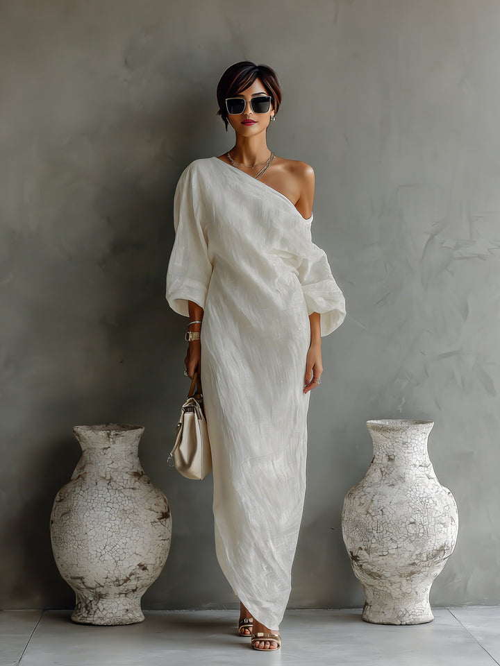 Dames Linnen One-Shoulder Maxi Jurk