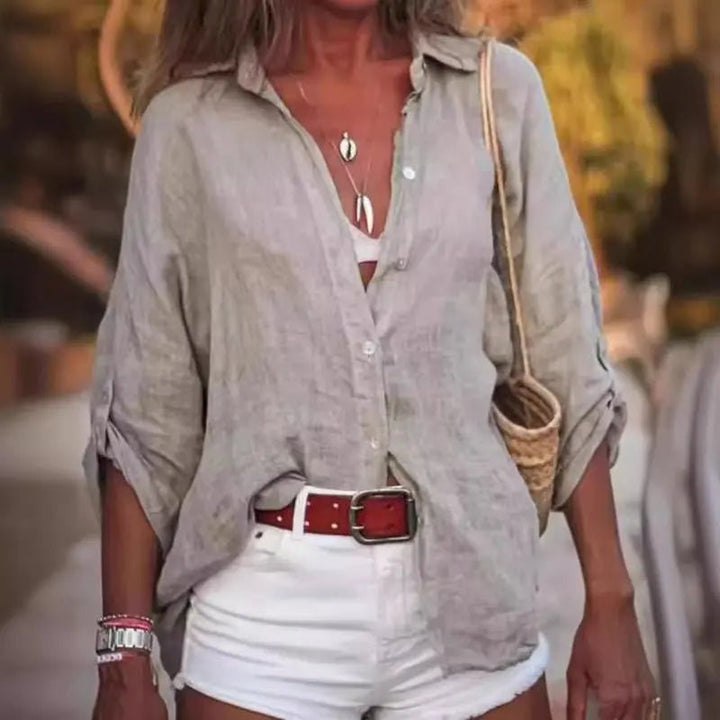 Dames Linnen Overhemd Lange Mouw Oversized Knoop Blouse - Gray