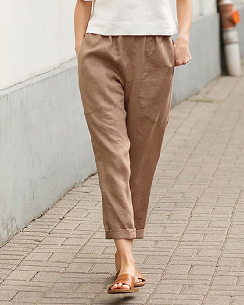 Dames Linnen Relaxed-Fit Harem Broek - Khaki