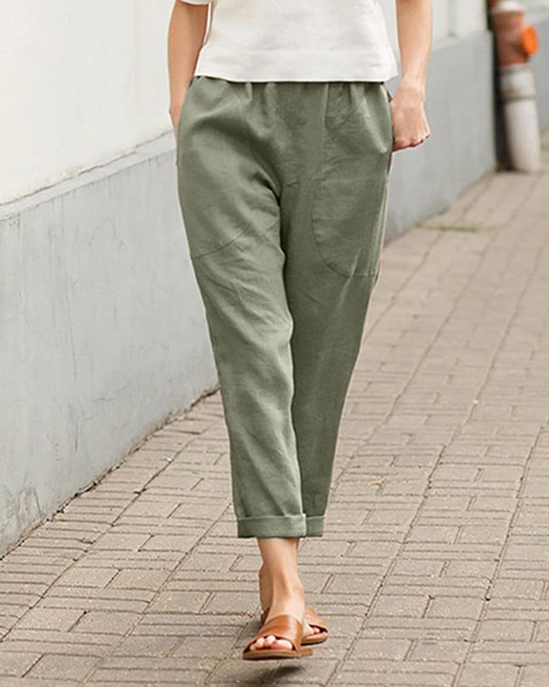 Dames Linnen Relaxed-Fit Harem Broek - Green