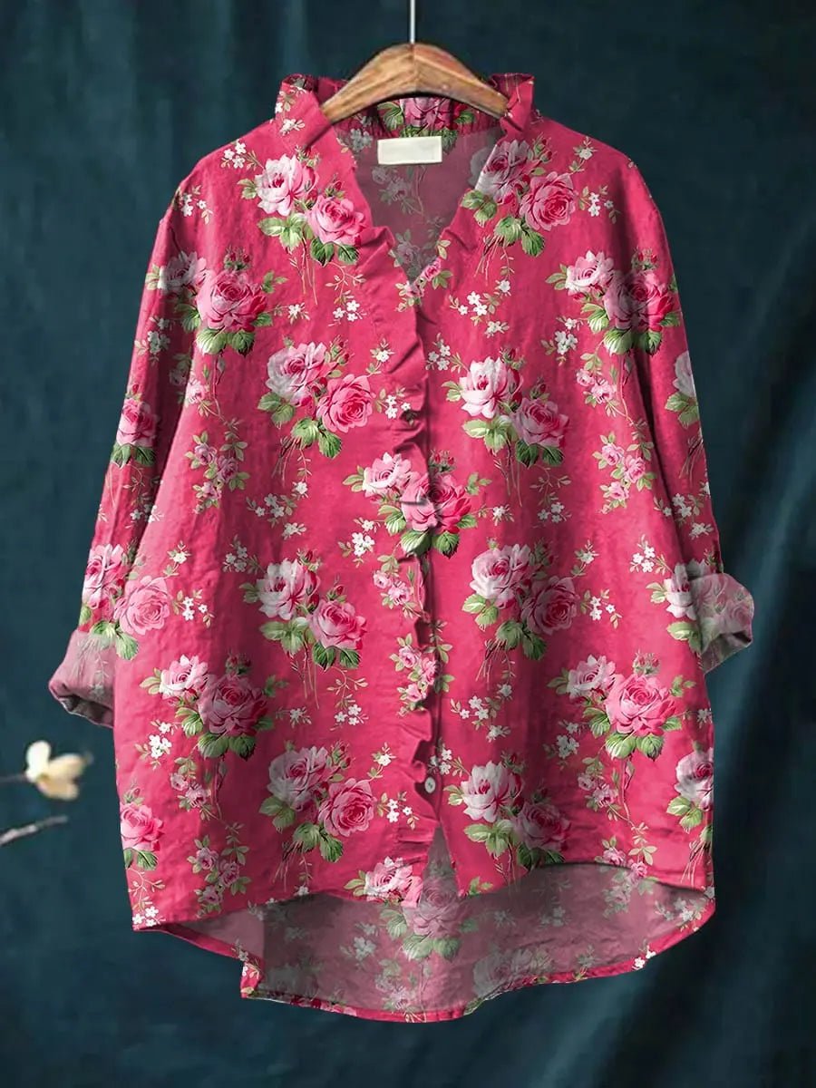 Dames Linnen Ruches Blouse Bloemenprint Relaxed Fit