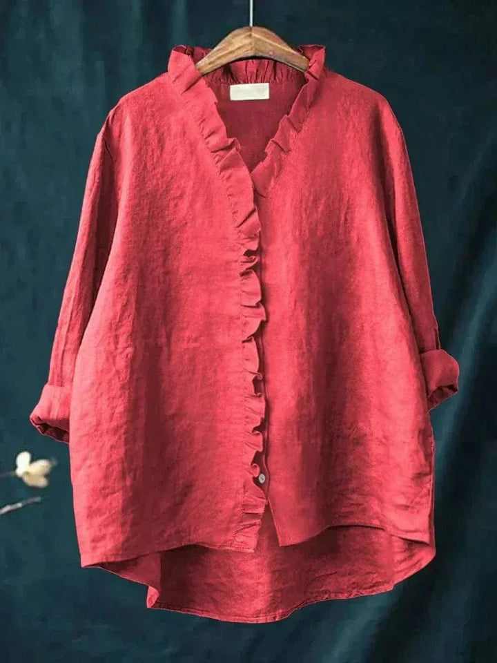 Dames Linnen Ruffle Blouse Relaxed-Fit - Red