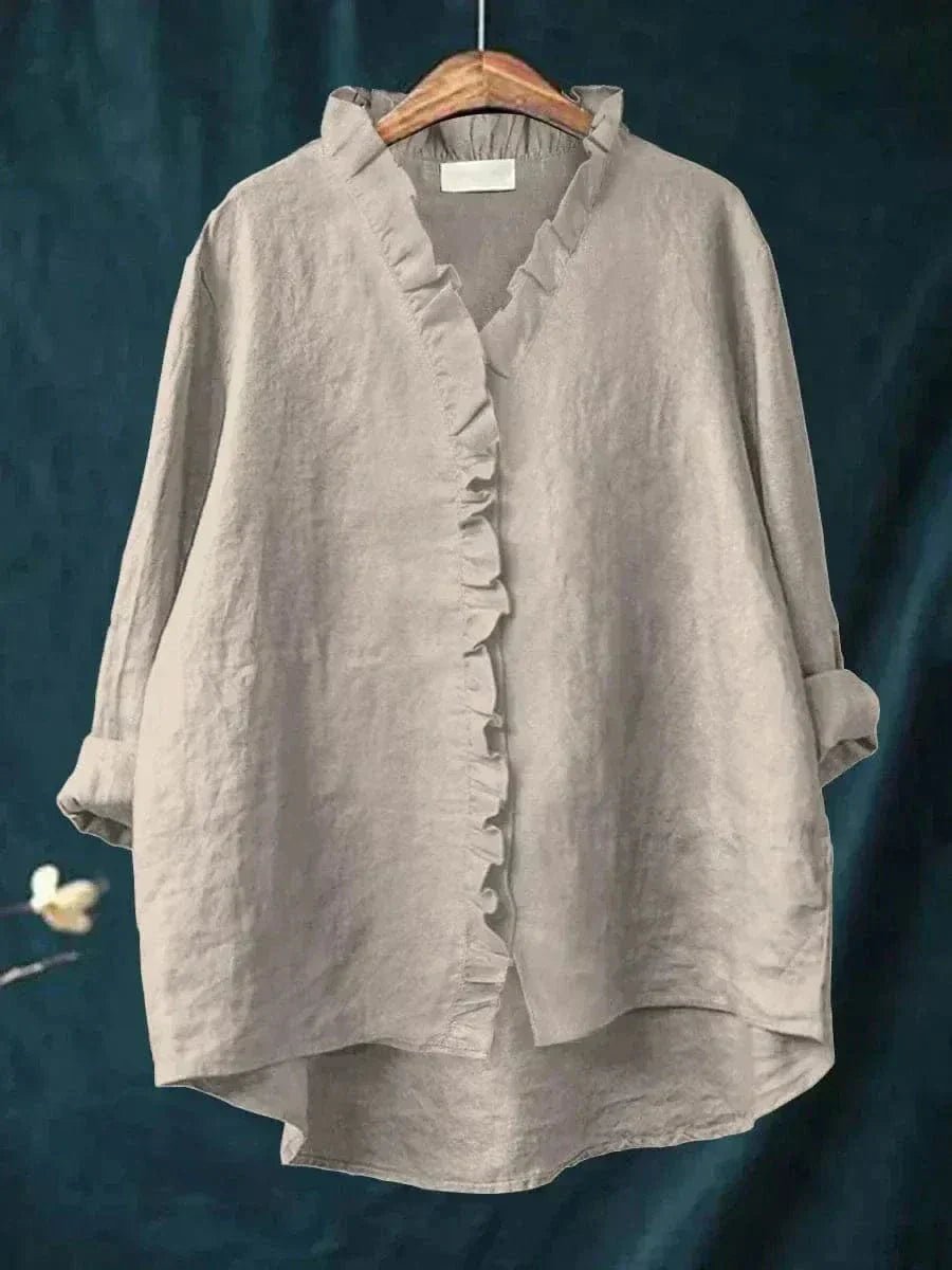 Dames Linnen Ruffle Blouse Relaxed-Fit - Gray