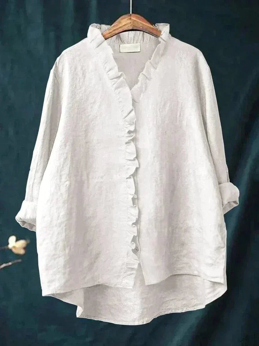 Dames Linnen Ruffle Blouse Relaxed-Fit - White