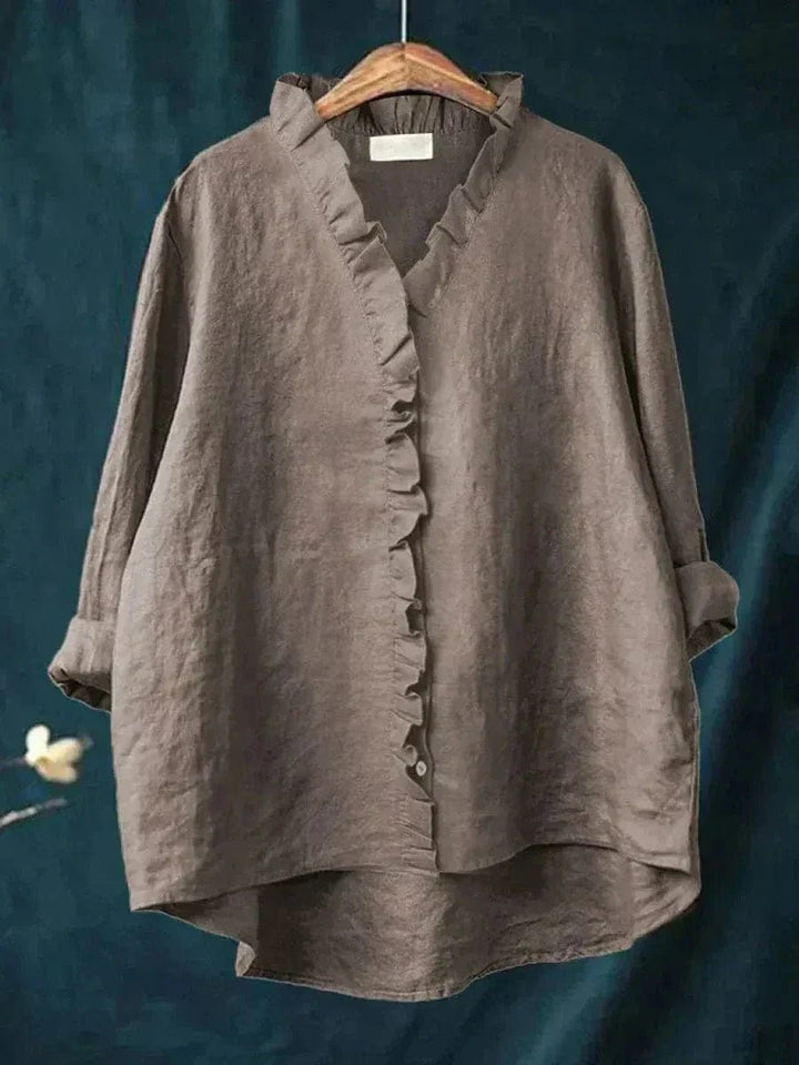 Dames Linnen Ruffle Blouse Relaxed-Fit - Dark Gray
