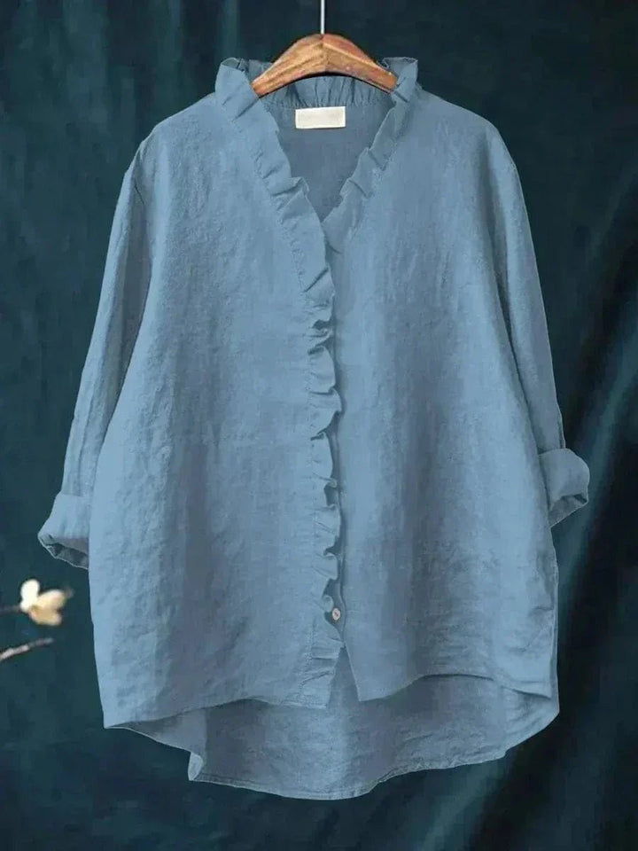 Dames Linnen Ruffle Blouse Relaxed-Fit - Blue