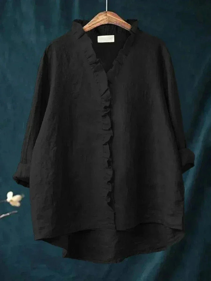 Dames Linnen Ruffle Blouse Relaxed-Fit - Black