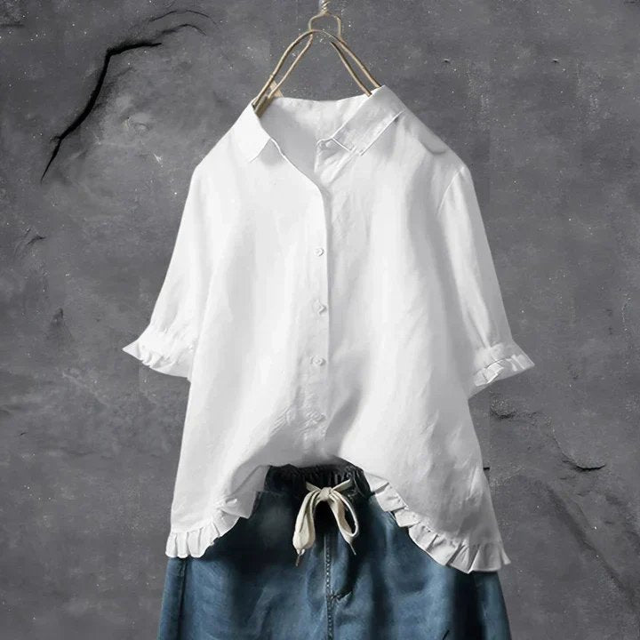 Dames Linnen Ruffle Mouwen Button-Down Overhemd - White