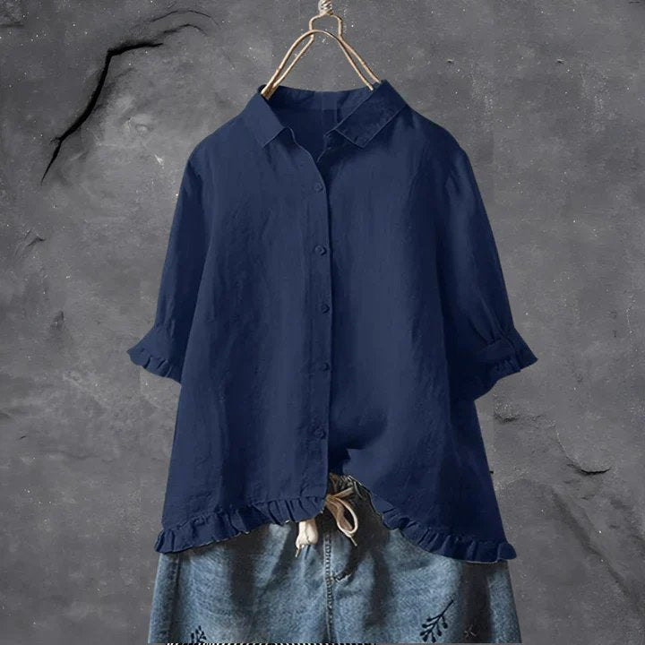 Dames Linnen Ruffle Mouwen Button-Down Overhemd - Navy