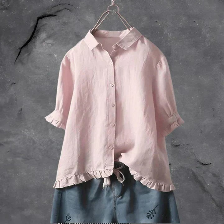 Dames Linnen Ruffle Mouwen Button-Down Overhemd - Light Pink