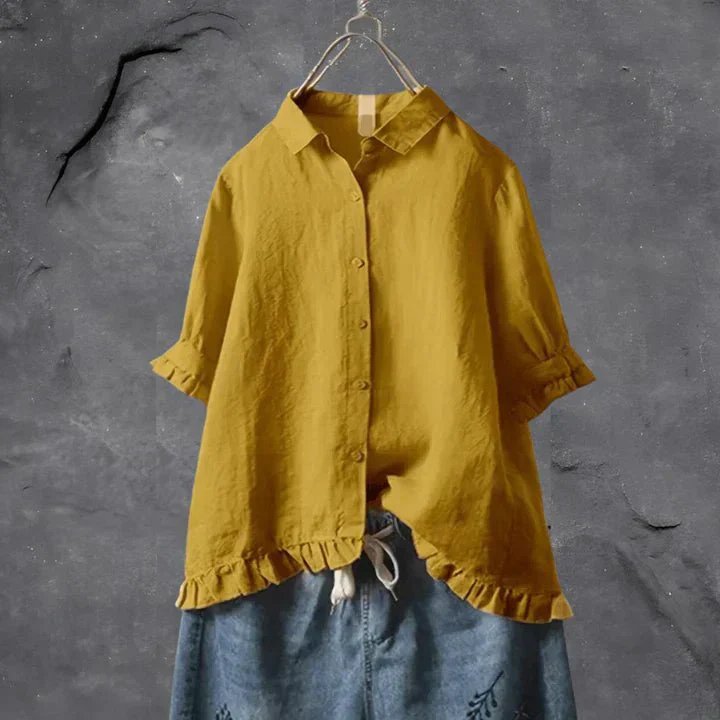 Dames Linnen Ruffle Mouwen Button-Down Overhemd - Yellow