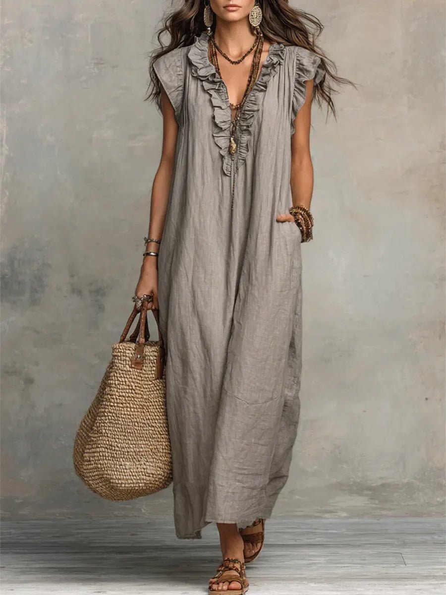 Dames Linnen Ruffle V-hals Maxi Jurk - Gray