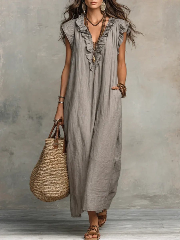 Dames Linnen Ruffle V-hals Maxi Jurk - Gray