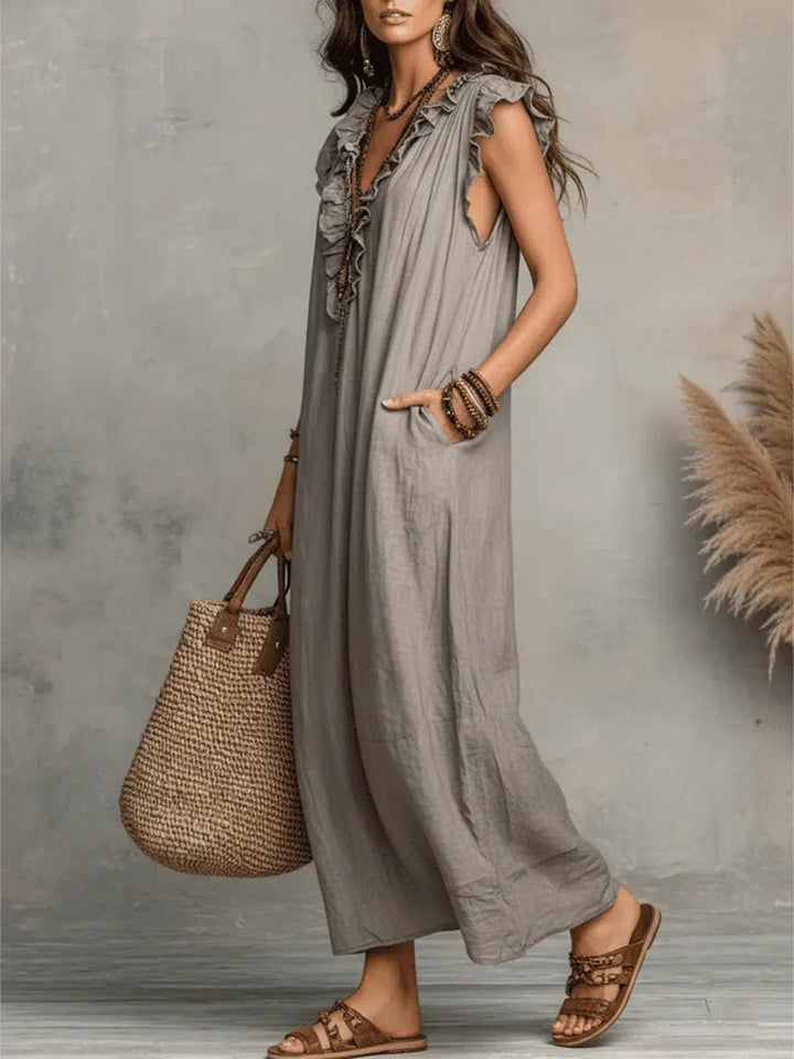 Dames Linnen Ruffle V-hals Maxi Jurk
