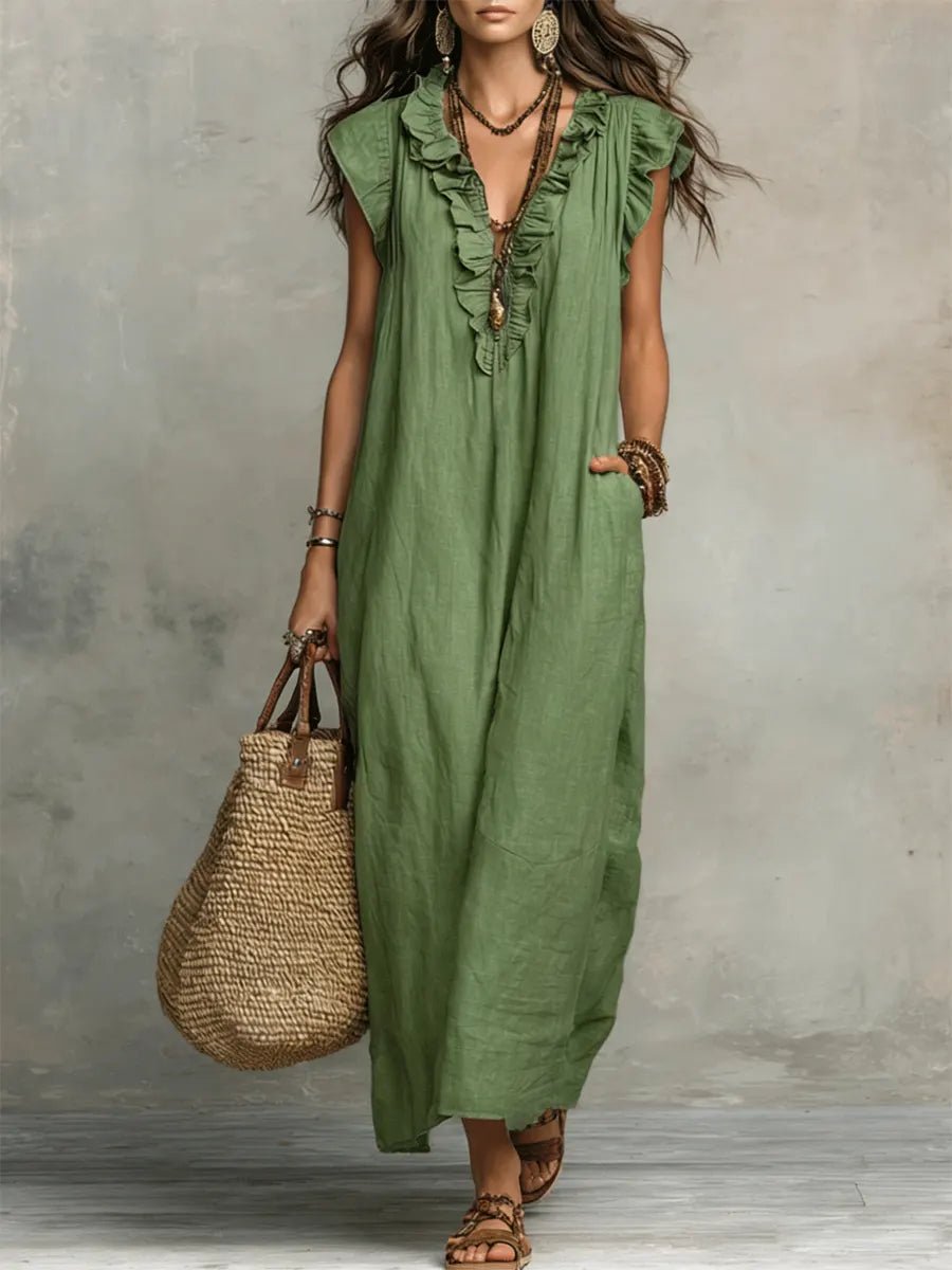 Dames Linnen Ruffle V-hals Maxi Jurk - Green