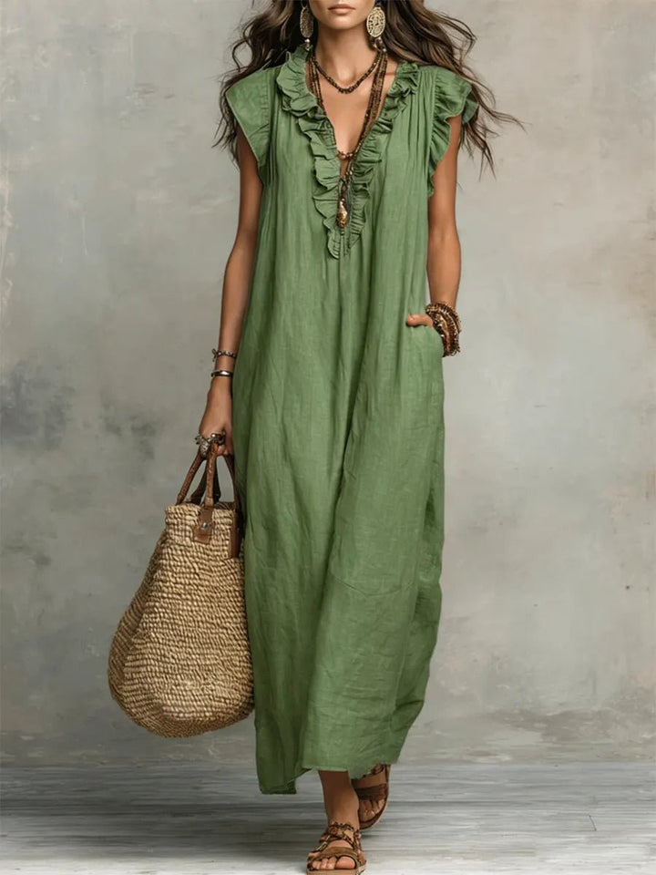 Dames Linnen Ruffle V-hals Maxi Jurk - Green