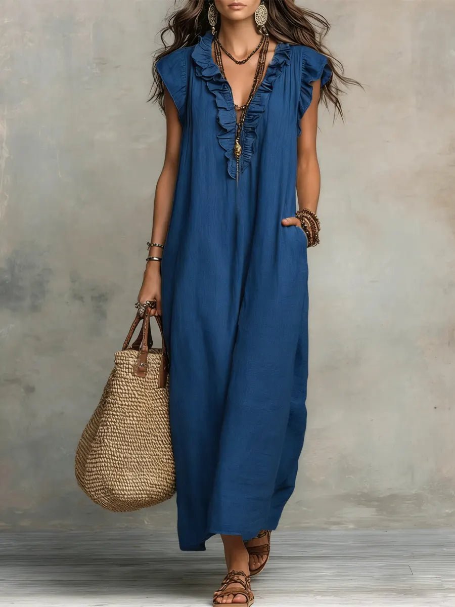 Dames Linnen Ruffle V-hals Maxi Jurk - Blue