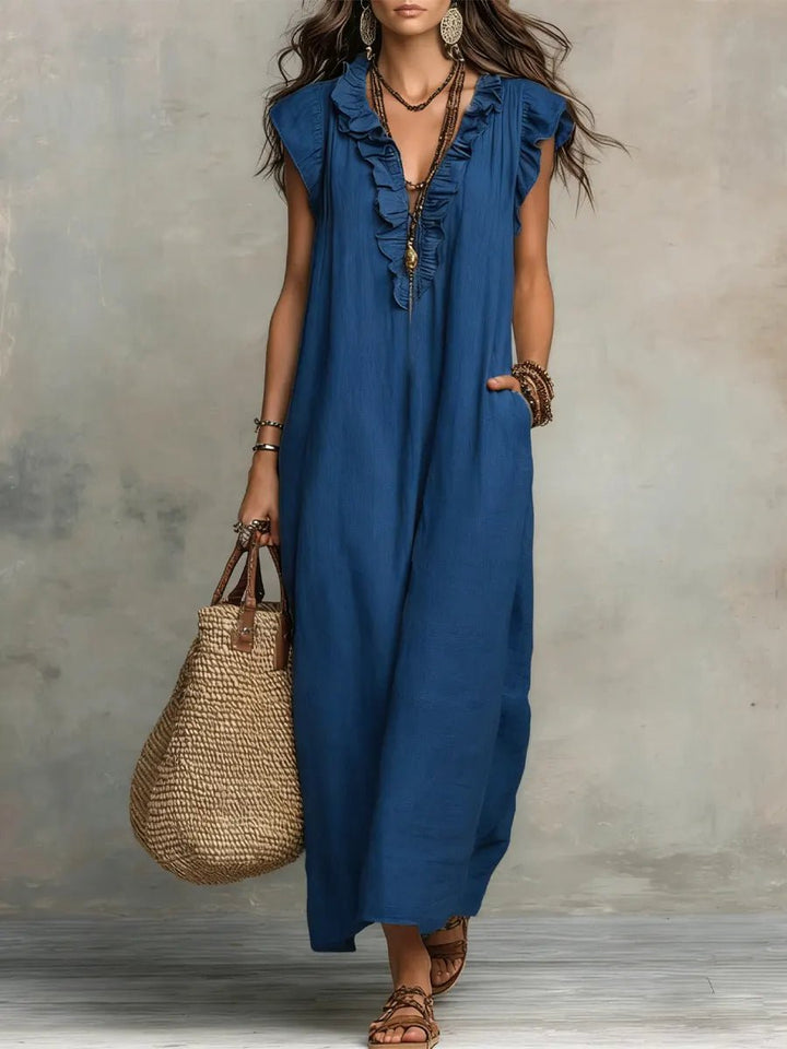 Dames Linnen Ruffle V-hals Maxi Jurk - Blue