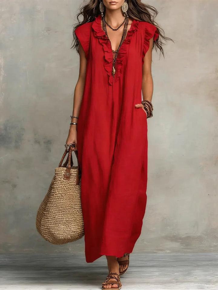 Dames Linnen Ruffle V-hals Maxi Jurk - Red