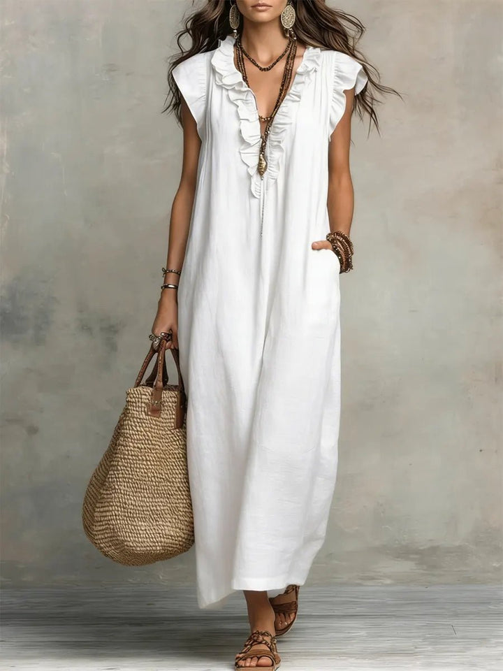 Dames Linnen Ruffle V-hals Maxi Jurk - White