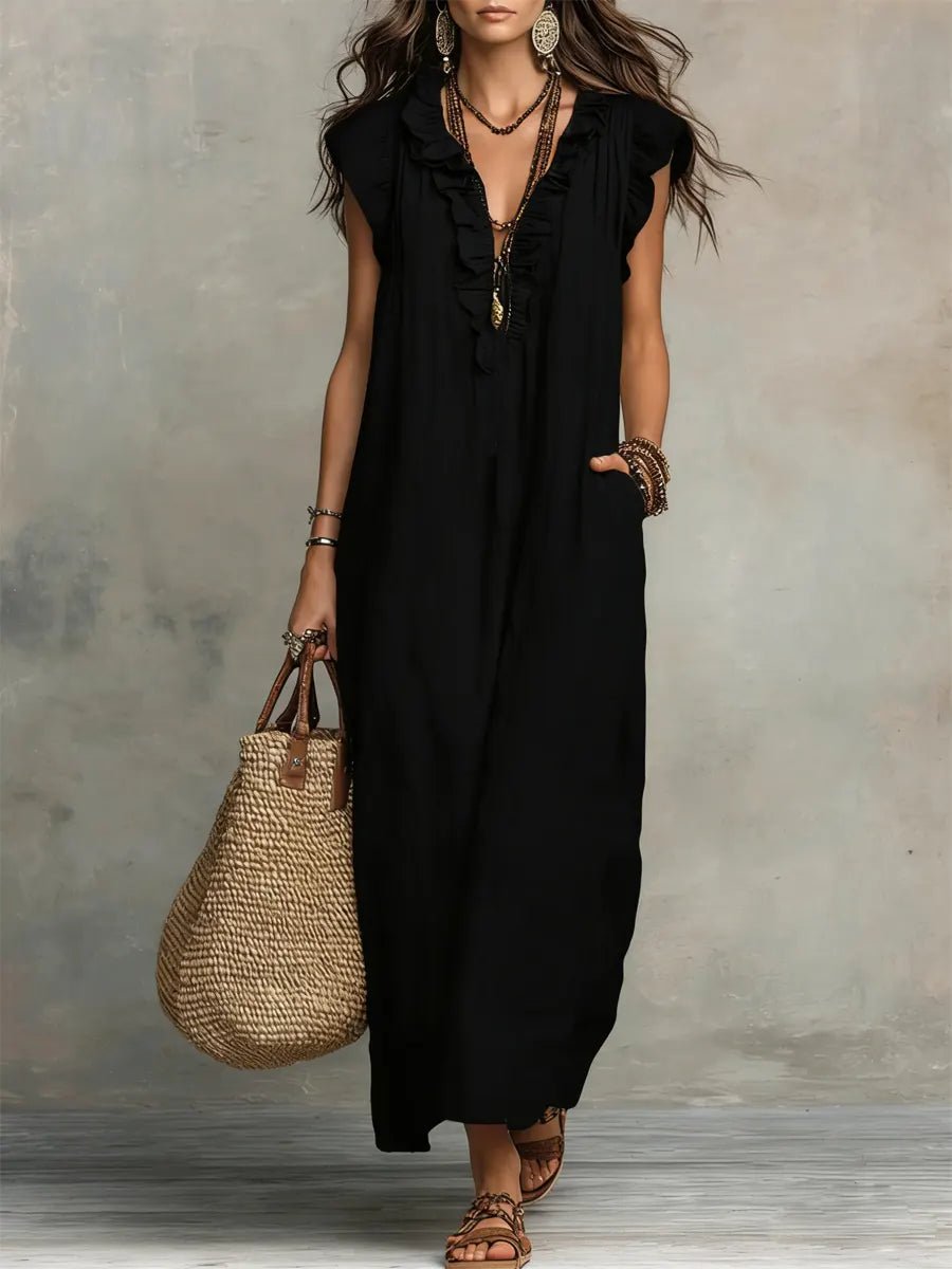Dames Linnen Ruffle V-hals Maxi Jurk - Black