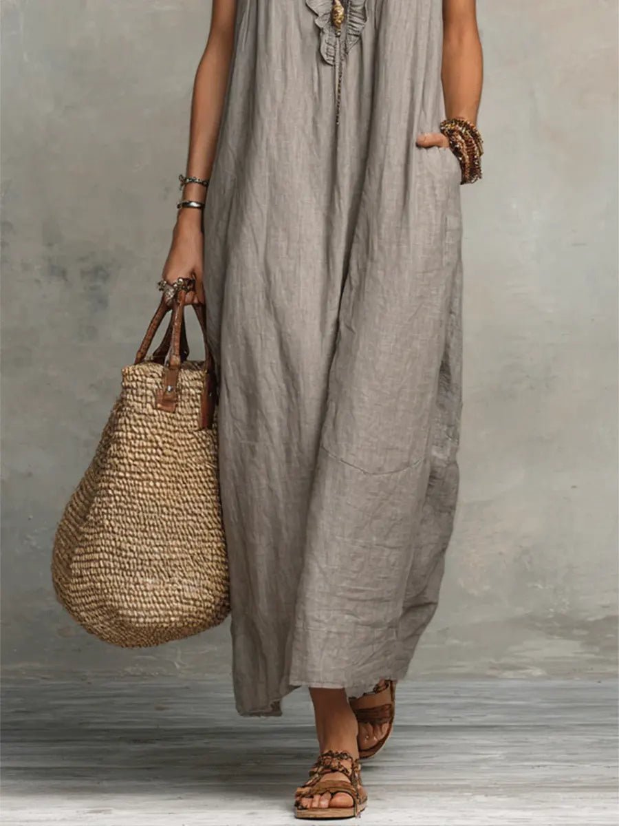 Dames Linnen Ruffle V-hals Maxi Jurk