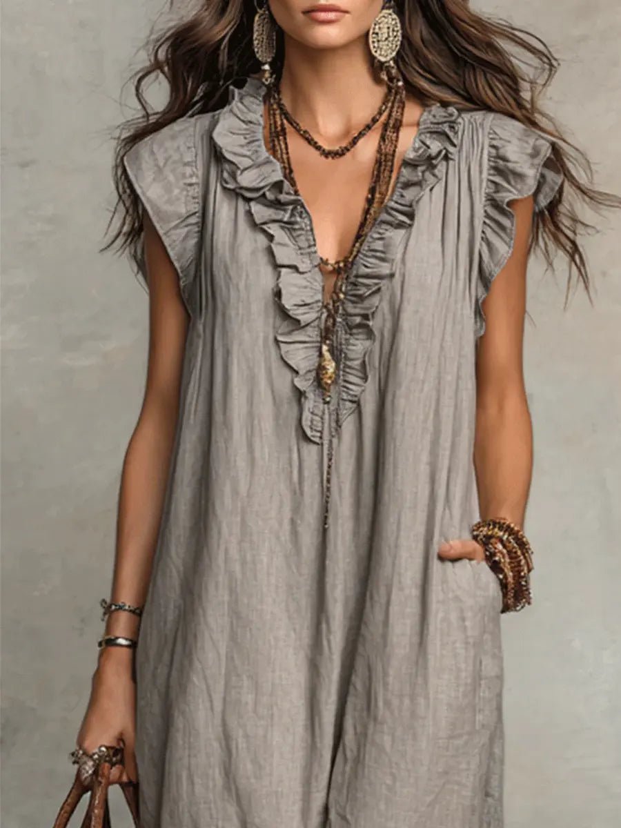 Dames Linnen Ruffle V-hals Maxi Jurk