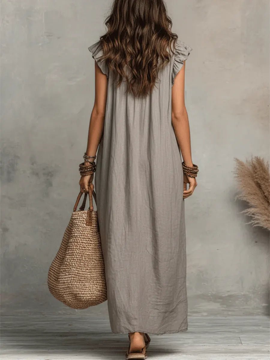 Dames Linnen Ruffle V-hals Maxi Jurk
