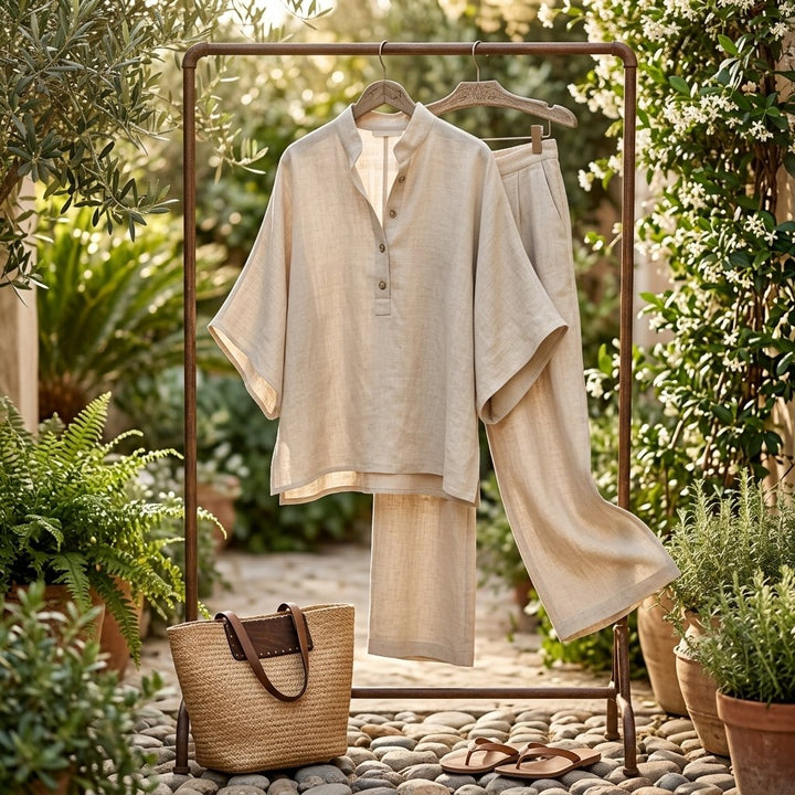 Dames Linnen Set Kimono Mouwen Mandarin Kraag Wijde Pijpen