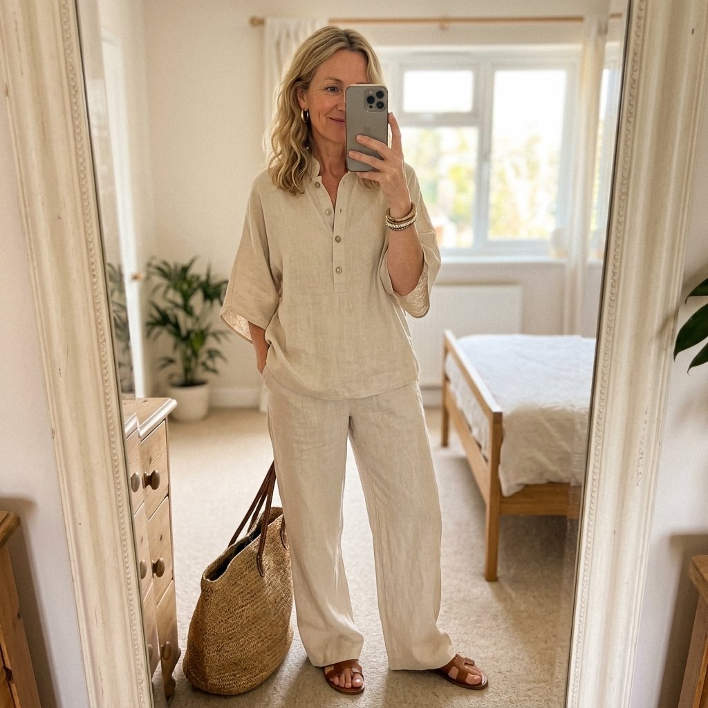 Dames Linnen Set Kimono Mouwen Mandarin Kraag Wijde Pijpen