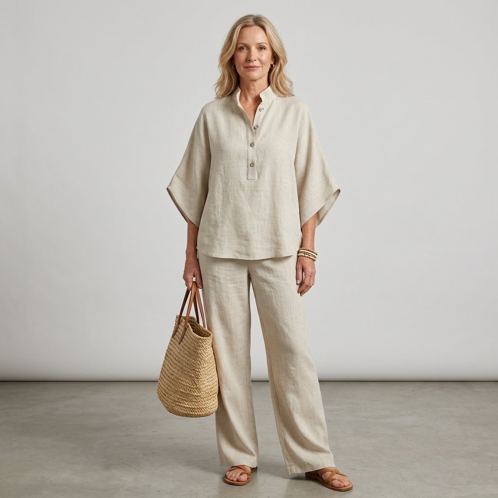 Dames Linnen Set Kimono Mouwen Mandarin Kraag Wijde Pijpen
