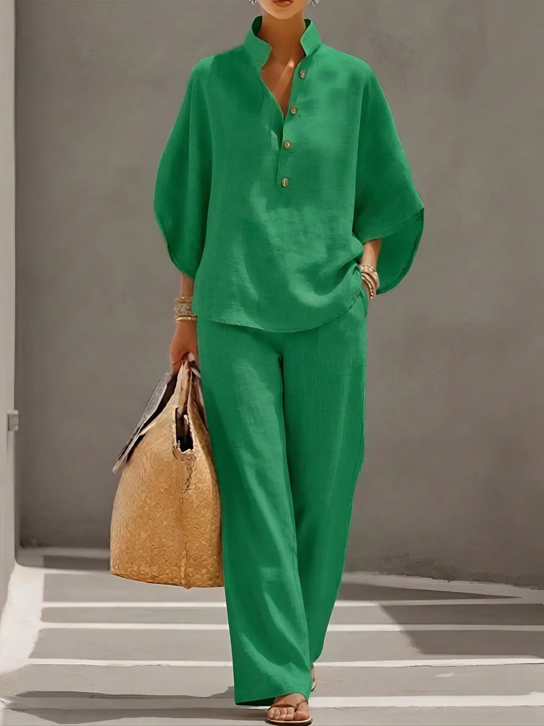 Dames Linnen Set Kimono Mouwen Mandarin Kraag Wijde Pijpen - Green