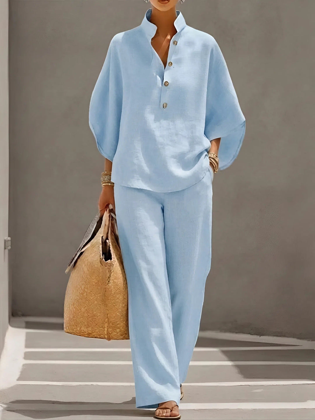 Dames Linnen Set Kimono Mouwen Mandarin Kraag Wijde Pijpen - Light BLue