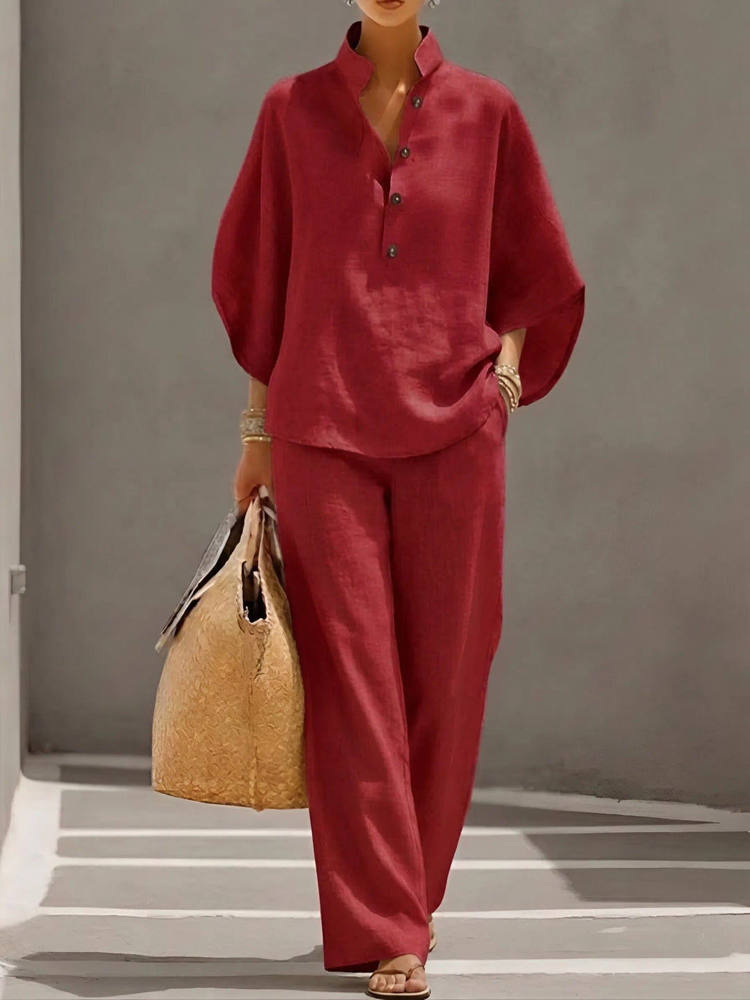 Dames Linnen Set Kimono Mouwen Mandarin Kraag Wijde Pijpen - Red