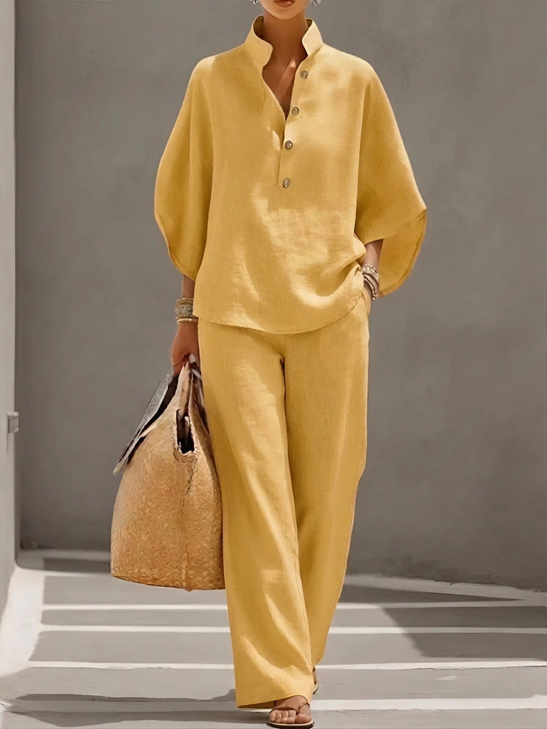 Dames Linnen Set Kimono Mouwen Mandarin Kraag Wijde Pijpen - Yellow