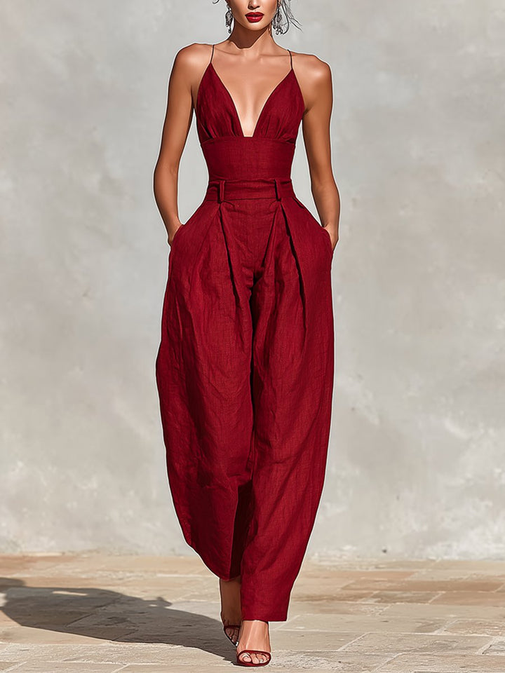 Dames Linnen Spaghetti-Band V-Hals Wide-Leg Jumpsuit - Red