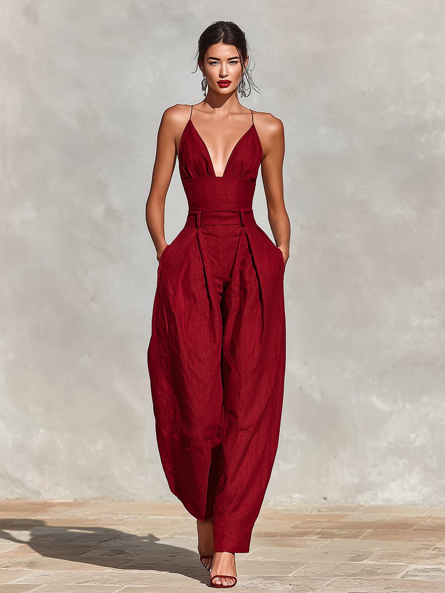 Dames Linnen Spaghetti-Band V-Hals Wide-Leg Jumpsuit