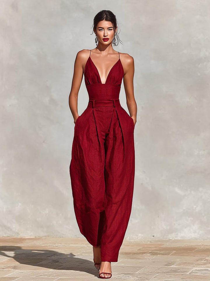 Dames Linnen Spaghetti-Band V-Hals Wide-Leg Jumpsuit