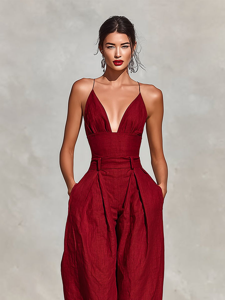 Dames Linnen Spaghetti-Band V-Hals Wide-Leg Jumpsuit