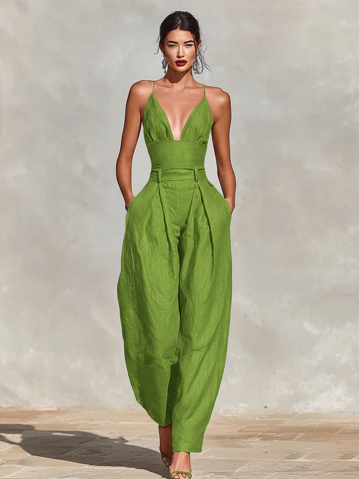 Dames Linnen Spaghetti-Band V-Hals Wide-Leg Jumpsuit - Green