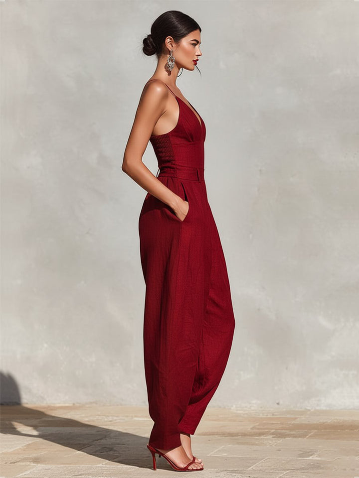 Dames Linnen Spaghetti-Band V-Hals Wide-Leg Jumpsuit
