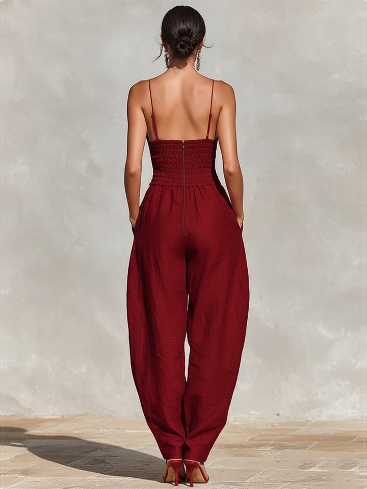 Dames Linnen Spaghetti-Band V-Hals Wide-Leg Jumpsuit