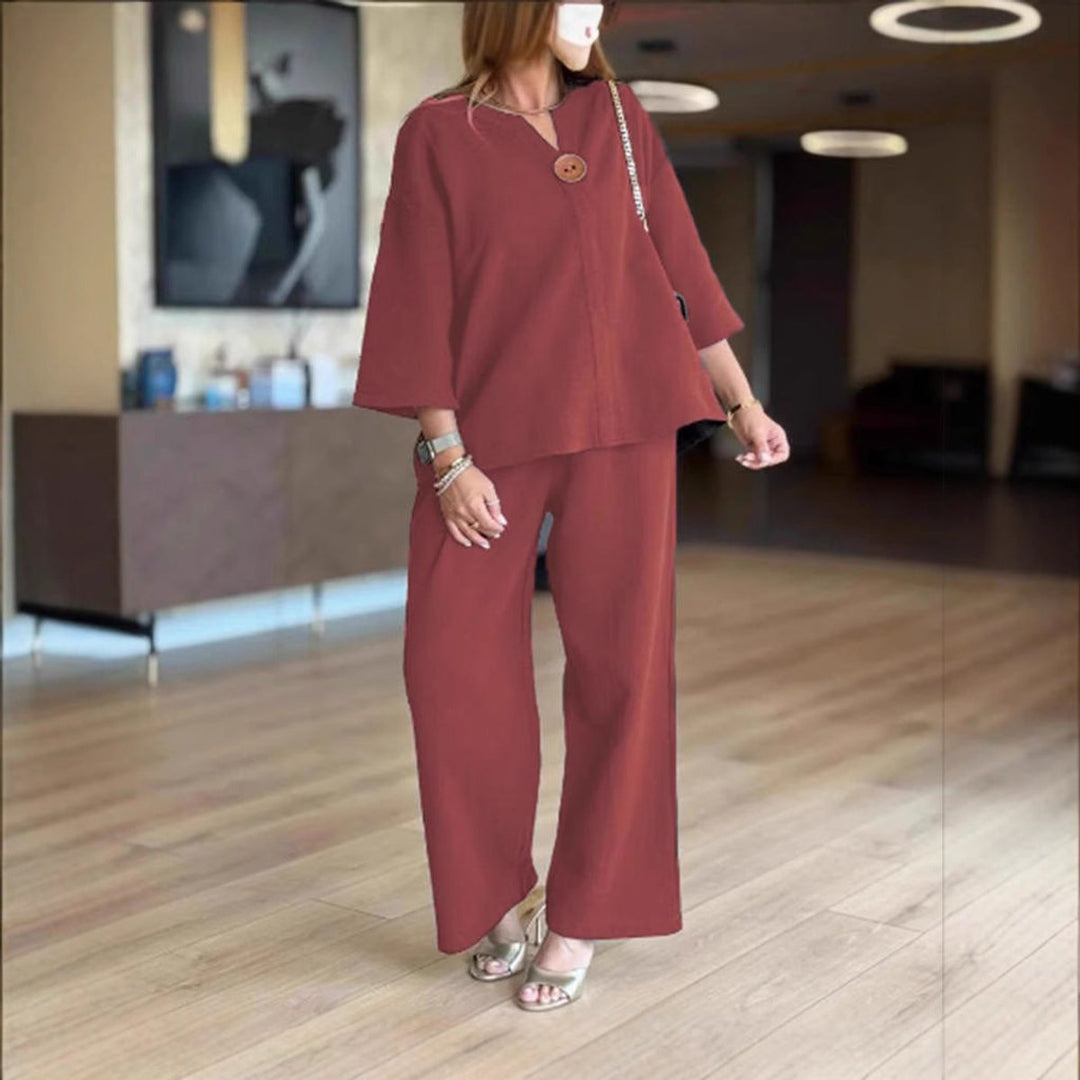Dames Linnen Tunika Palazzo Broek Set 3/4 Mouw - Bordeaux