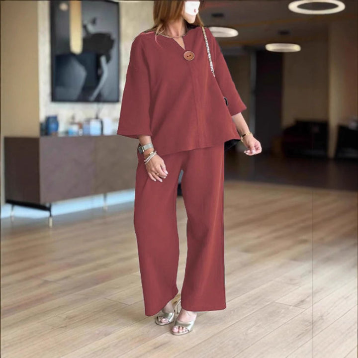 Dames Linnen Tunika Palazzo Broek Set 3/4 Mouw - Bordeaux