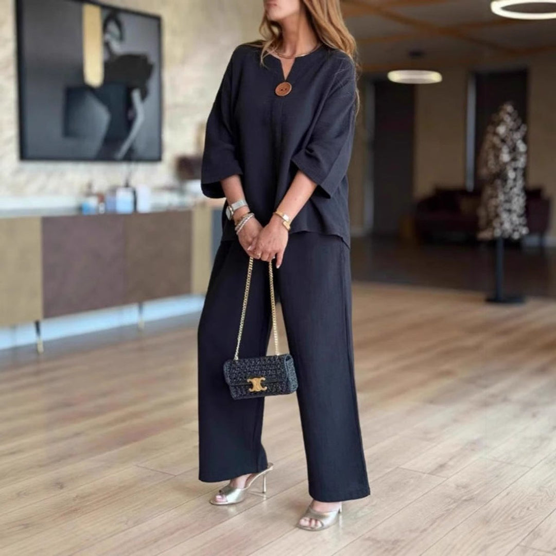 Dames Linnen Tunika Palazzo Broek Set 3/4 Mouw